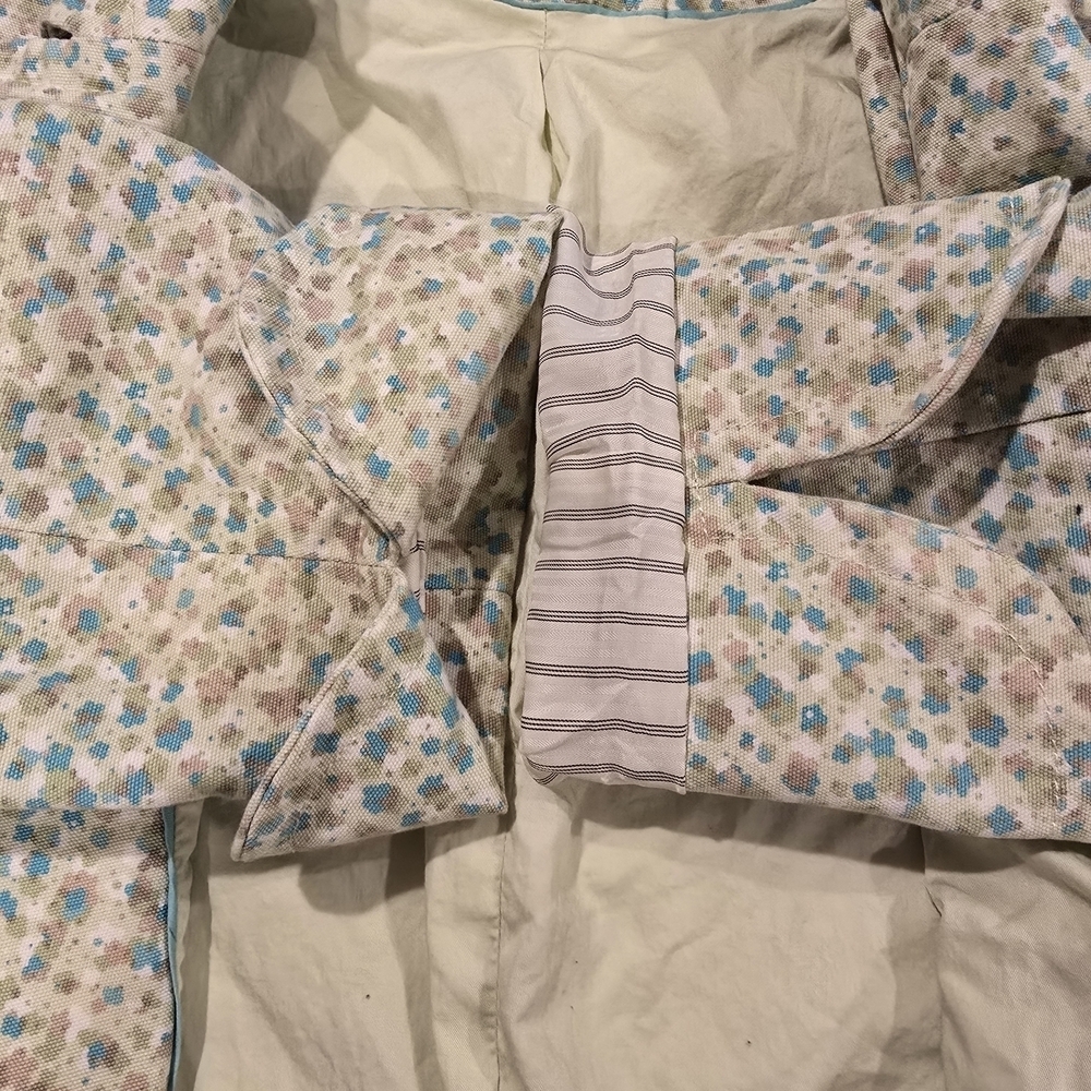 VINTAGE Express Floral Trench Lime Green/Blue Notched Collar 3/4 Sleeve Pockets. - Picture 11 of 16